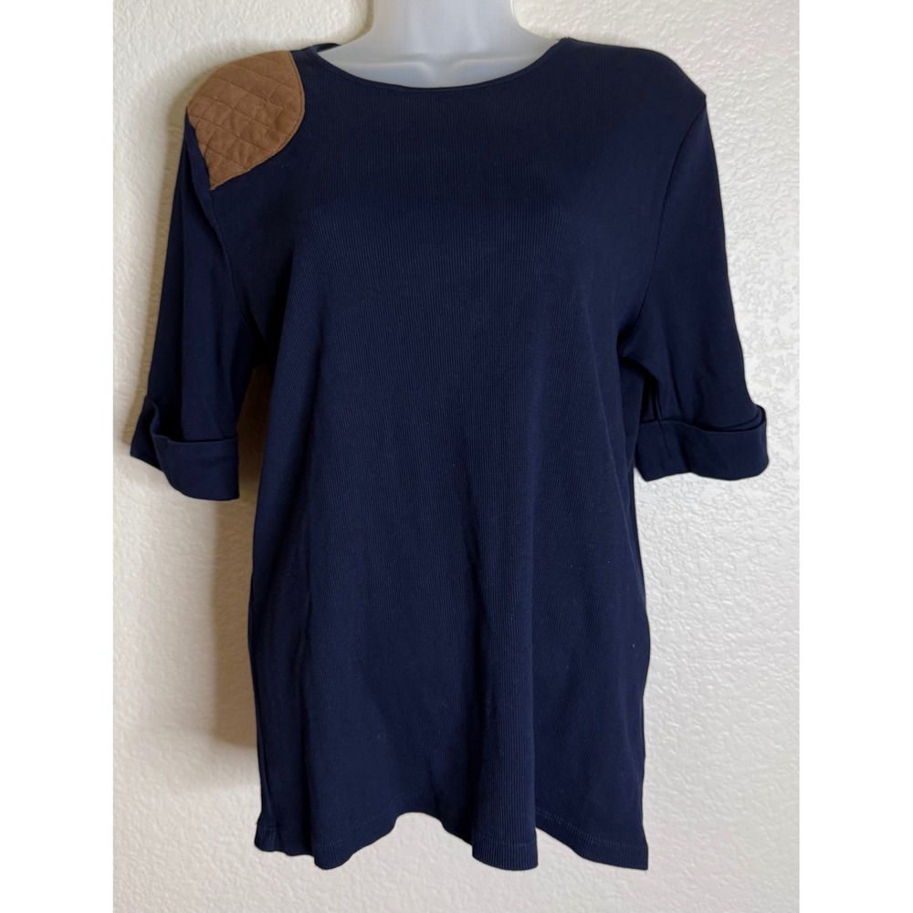 Ralph Lauren LRL XL Sweater Top Navy Blue Quilted Suede Shoulder Patch Ribbed